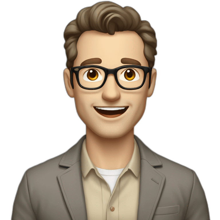 Joyful Pale skinned Fit Man With dark brown hair in gray jacket, beige office shirt, Brown pants and vintage glasses. His thrumbs up emoji