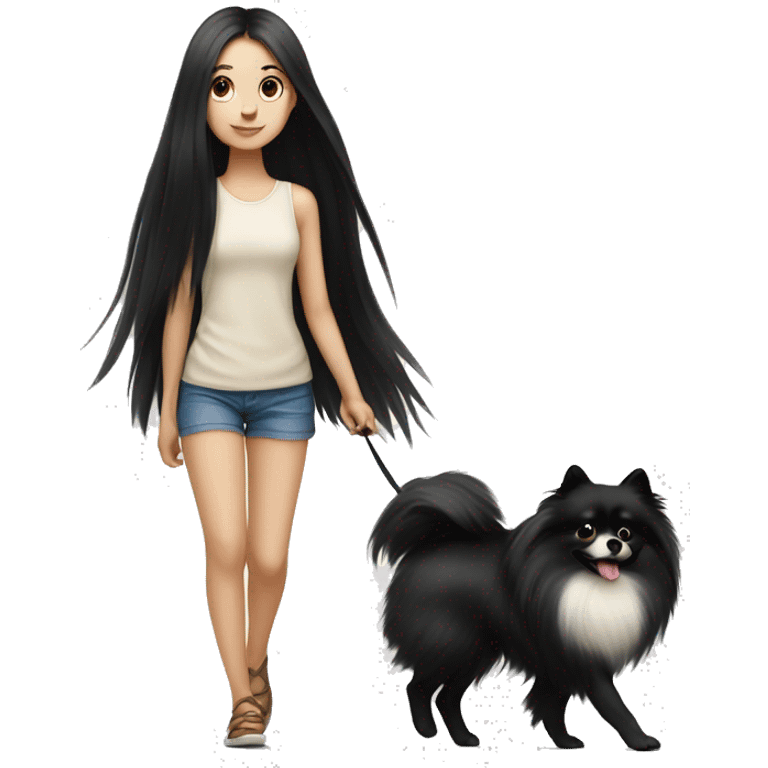 pale girl with long black hair walking with pomeranian emoji