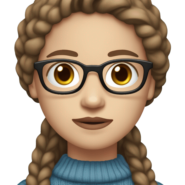 white light skin, long straight dark brown hair, light blue eyes, girl wearing aesthetic dark red sweater, glasses, emoji