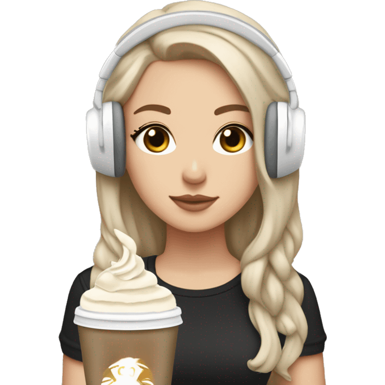 White girl, with black hair, brown eyes, aesthetic clothes, and a frappuccino in hand, with white headphones around the neck emoji