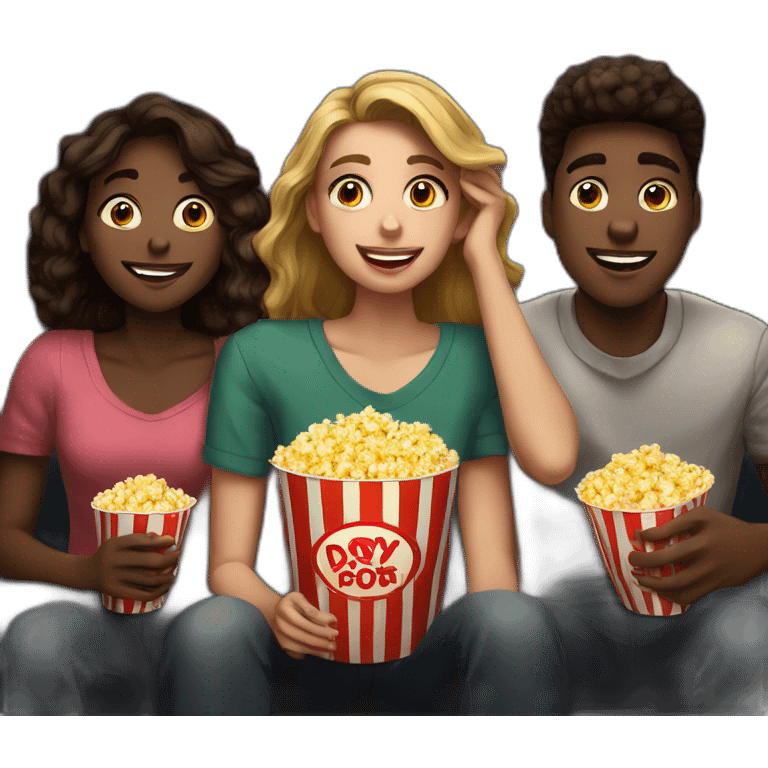 3 teenagers, watching movie at the cinema eating popcorn, dark background emoji