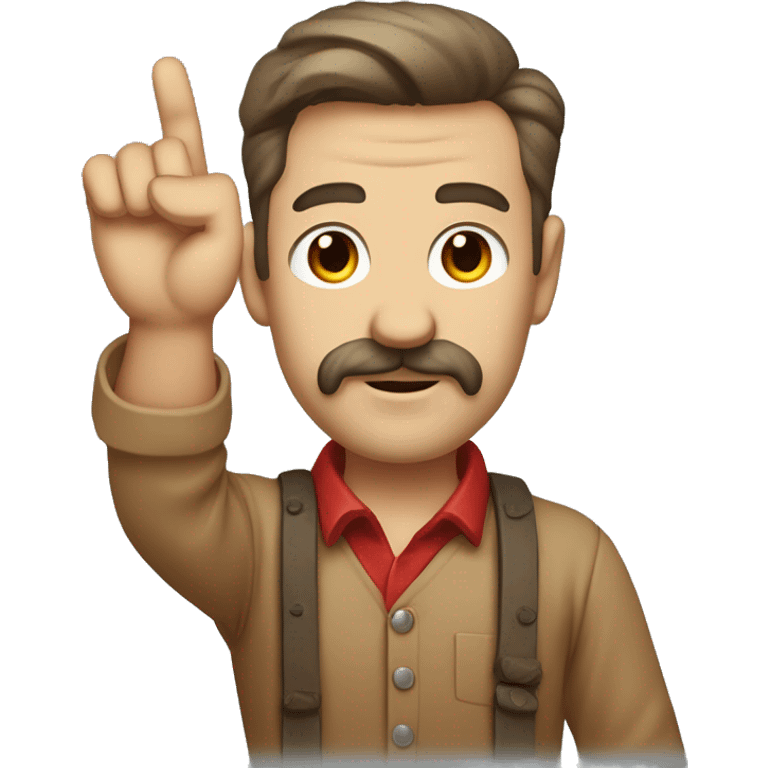 austrian painter with small square mustache and side swept flat hair wearing a light brown shirt with a red bad on one of his arms raising a hand emoji