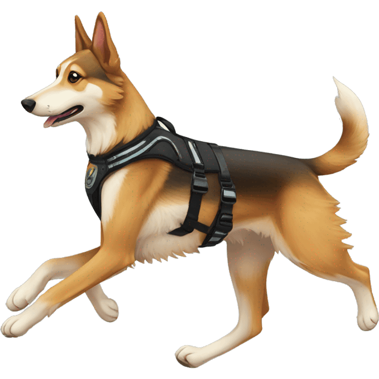  saluki German shepherd husky with tattoos and holographic harness running emoji