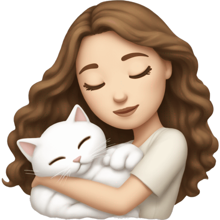 White girl brown hair sleeping with white kitty emoji