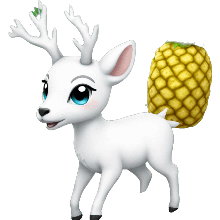 a white deer playing with a pineapple plushie emoji