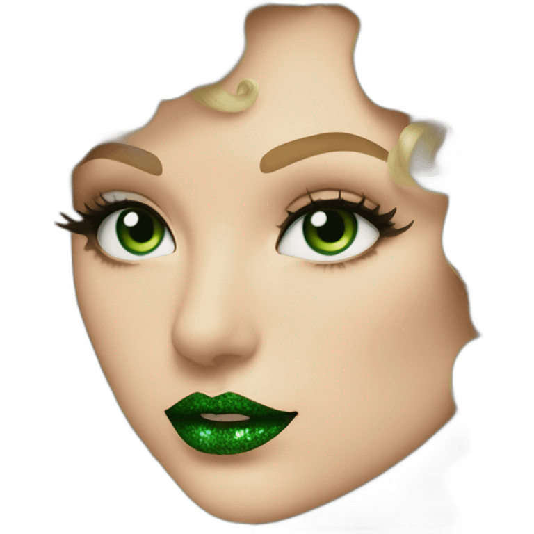 Taylor Swift with green eyeshadow and glitter green lips with curly blond hair emoji