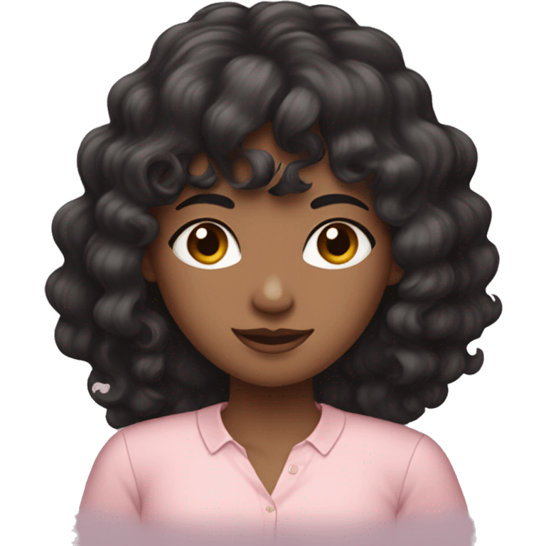 woman with long black curly hair and bangs and dark brown eyes, wearing a pastel pink blouse emoji