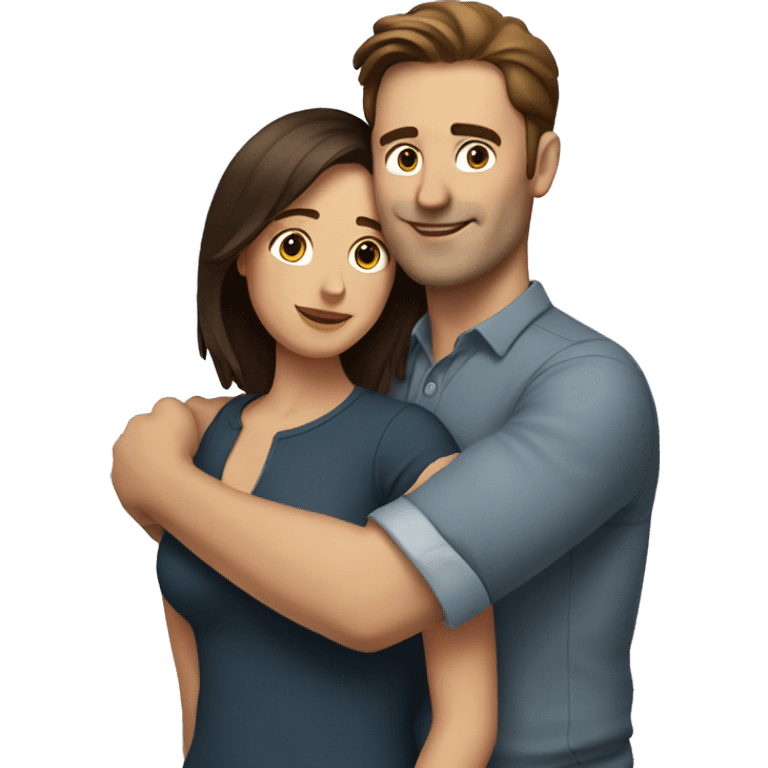 Man with brown hair hugs woman with dark brown hair emoji