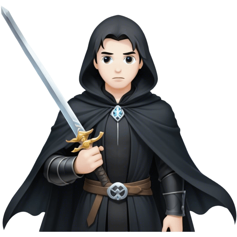 A mysterious swordsman in a black cloak, mist swirling around him emoji