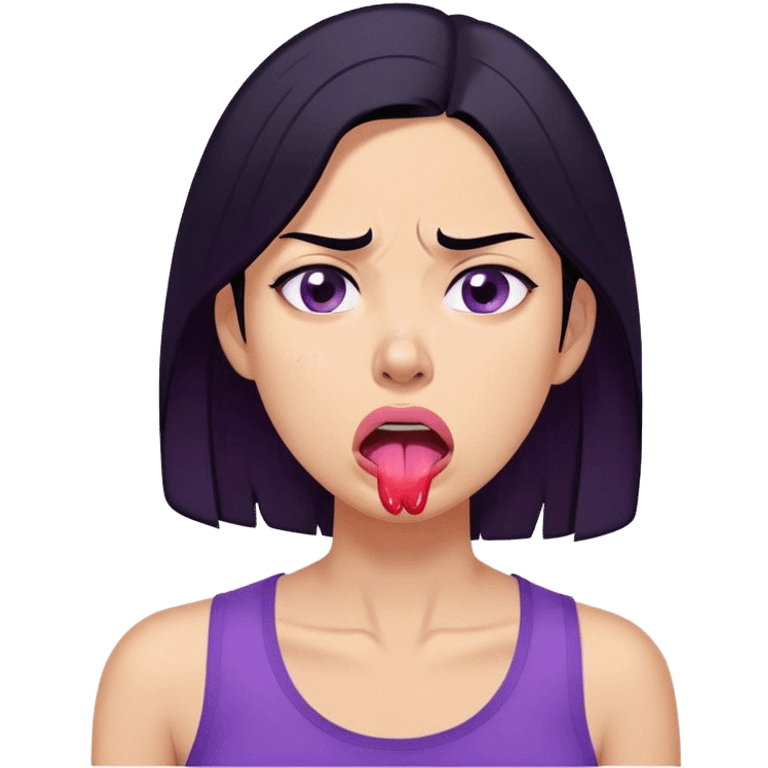 A digitally illustrated emoji-style character of a woman with shoulder-length black hair, wearing a purple shirt. Her expression shows extreme exhaustion or dehydration—her eyes are bloodshot and dry, her tongue is sticking out, and she has a single sweat drop on her cheek. The image has a clean white background emoji