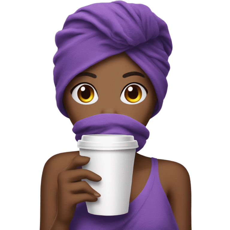 beautiful girl with a purple towel on her head drinks coffee emoji