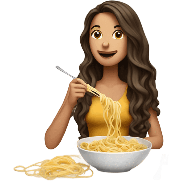 Gorgeous brunette eating linguine pasta in her mouth emoji