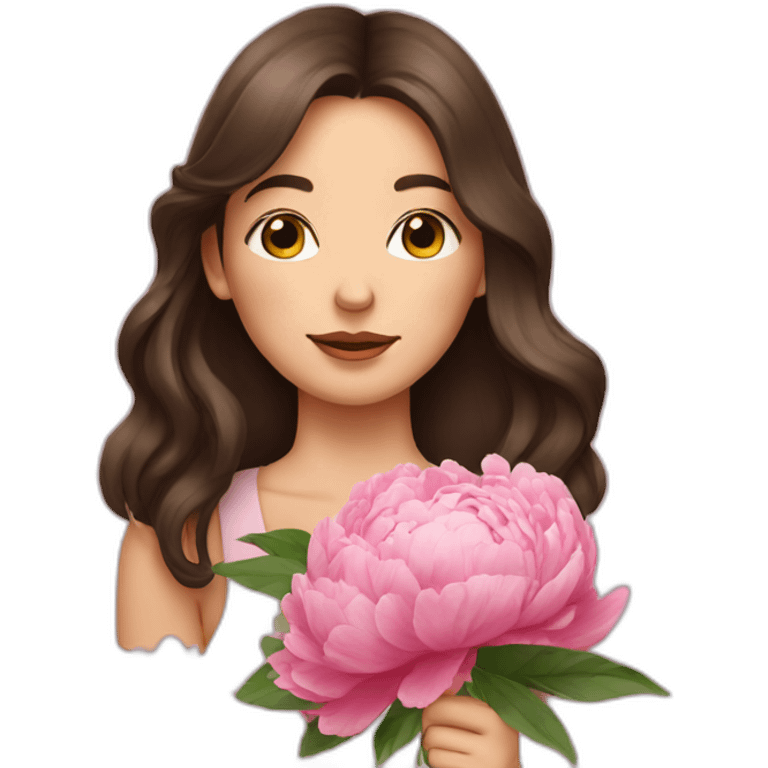 brunette girl smells flowers peonies emoji