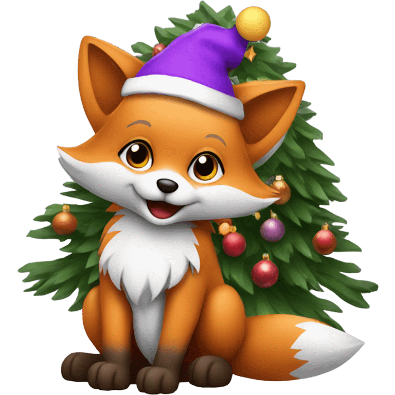 Baby fox wearing purple Santa hat sitting next to a  Christmas tree   emoji