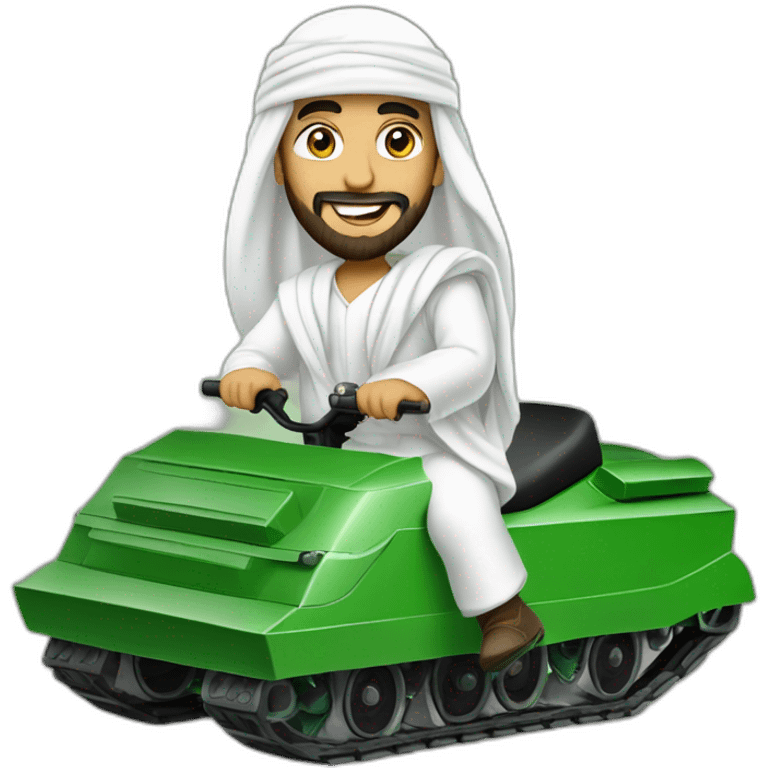 prince from Saudi Arabia with a beard in a white  shemagh national headdress riding  on a green tank, smiling emoji