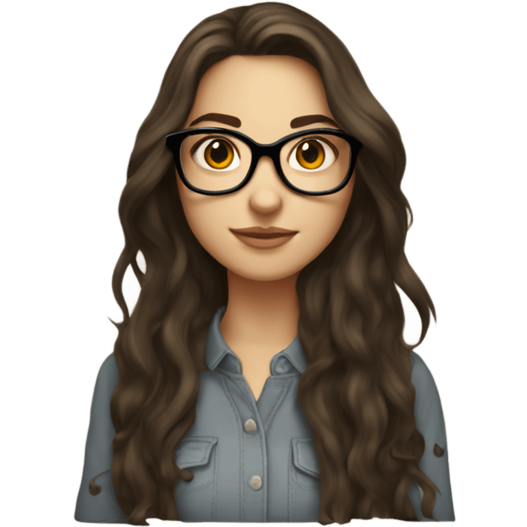 Brunette girl with roundish glasses volume long hair and  emoji