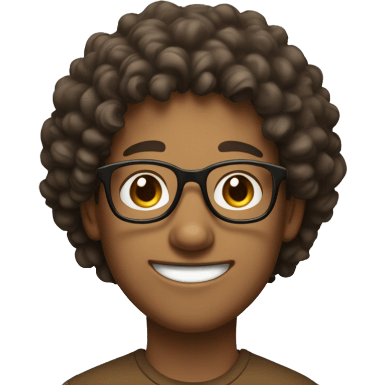 Smiling young man with thick glasses, curly hair, and wearing a brown shirt. emoji