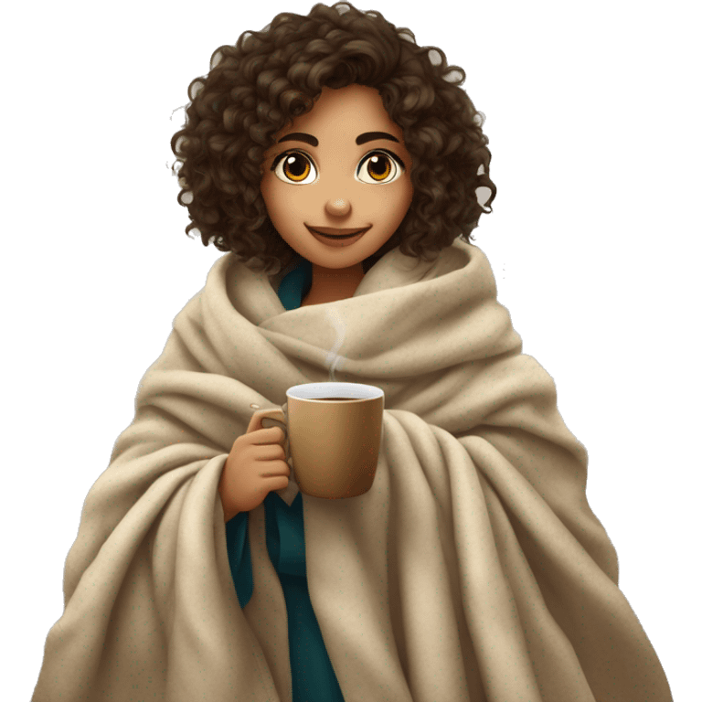 olive skin brunnette curly hair girl snuggled in big blanket drinking coffee emoji