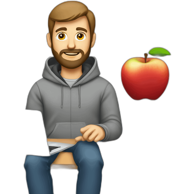 A project manager in a gray hoodie and with a short beard in front of an apple laptop emoji