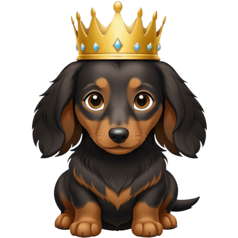 mini long haired dachshund with black fur and light brown ears with a gold crown emoji