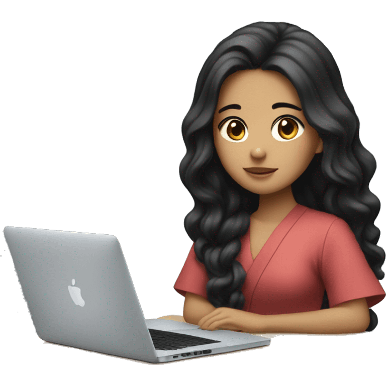 Japanese girl with long wavy  black hair sitting with a macbook show halfbody only emoji