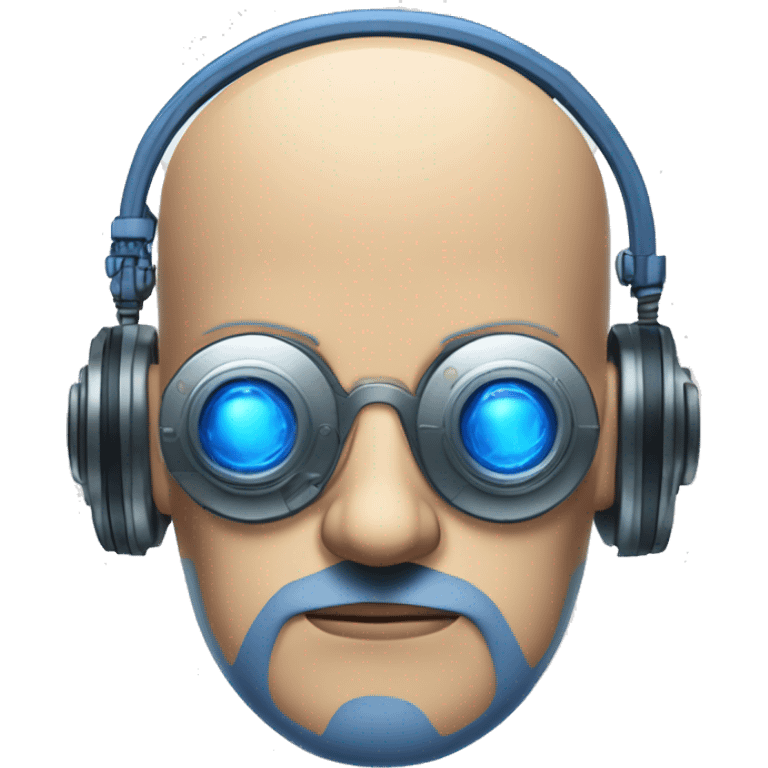 Fat bald cyborg head with tan skin, blue beard, blue steampunk goggles and circuits emoji