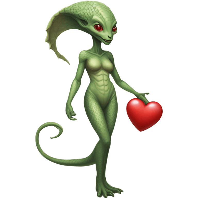 a Reptilian alien woman full body, holding big red heart emoji