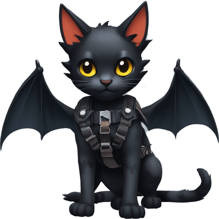 Cool Edgy Ethereal Fantasy Litten-Nargacuga-Cat with black bat-wing-ears with a harness full body emoji