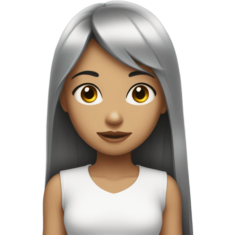 Girl wearing a white shirt that has grey eyes and long black straight hair with baby bangs.  emoji