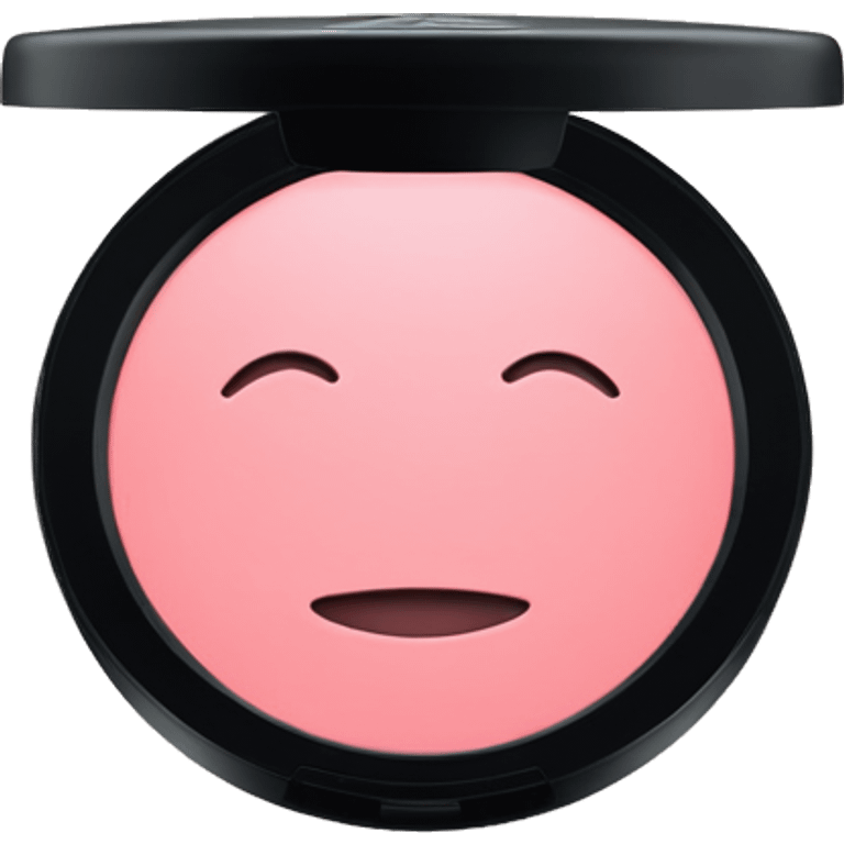 A MAC blush in rosy pink, housed in a sleek black compact with a transparent lid displaying the MAC logo. emoji