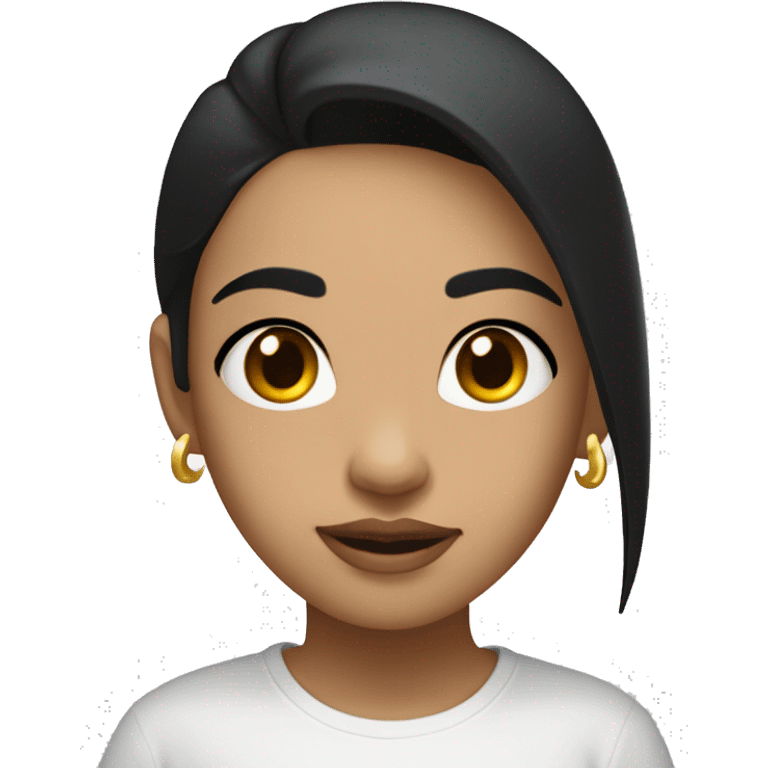 Midtomed girl with black hair and gold tilak  on her forehead with black flowing hair and wearing a white t-shirt with the words Crysis in American typeface font. emoji