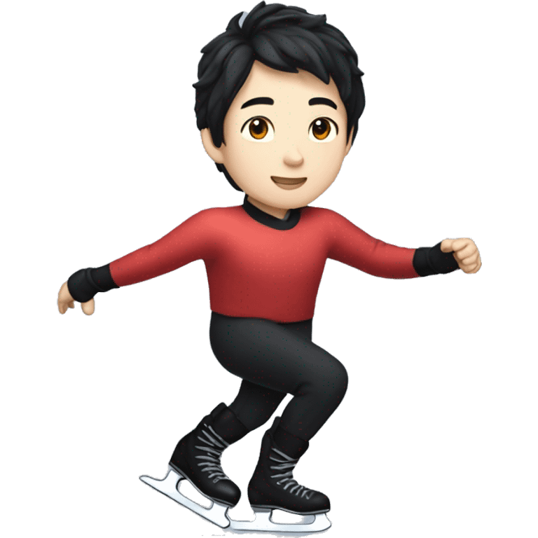 male asian ice skater with a red shiny shirt and black pants with black hair and pale skin skating trough the ice emoji