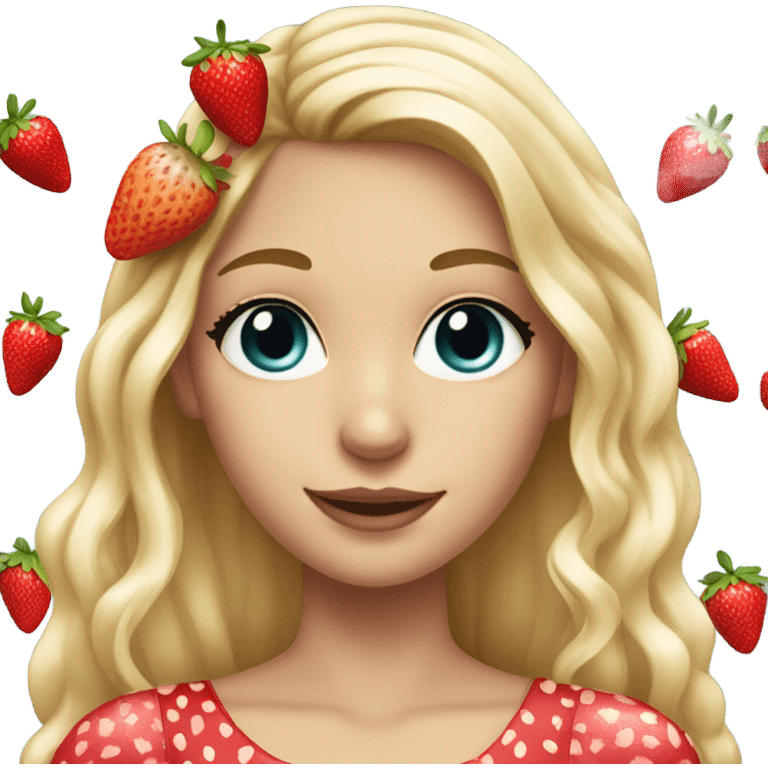 a beautiful girl, long blonde hair with strawberry in her hair, white skin, strawberry dress emoji