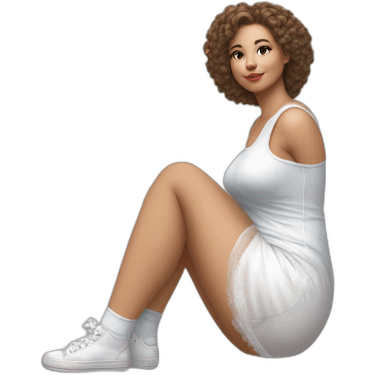 hyperrealistic-full-body-caucasian-curvy-beauty-sitting on the ground-small white-skirt-white knickers white socks emoji