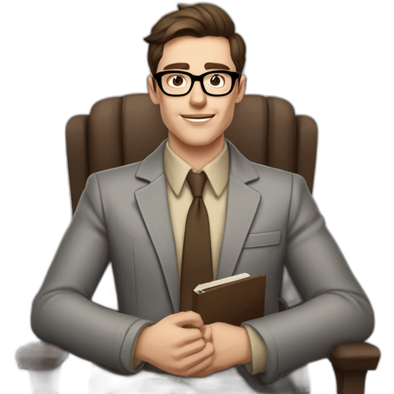 Pale skinned Fit Man With dark brown hair in gray jacket, beige office shirt, Brown pants and vintage glasses sitting In a soft chair with a notebook on spring with emblem Ψ and a pen emoji