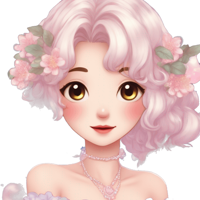 Gorgeous anime style lady with blushing face and accessories cottagecore fairycore  Kawaii anime colorful pearly romantic simplistic aesthetic trending stylea emoji