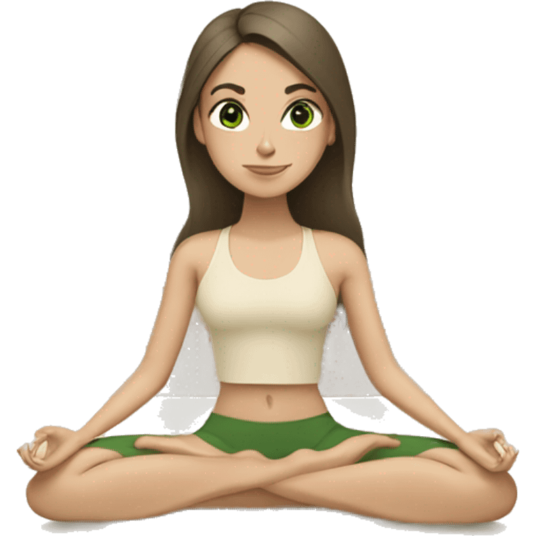 White brunette Girl with green eyes doing yoga in beige tones  emoji