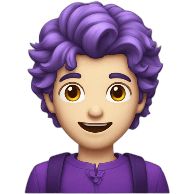 Un garçon qui sourit avec des dent de vampire les cheveux degradé violets emoji