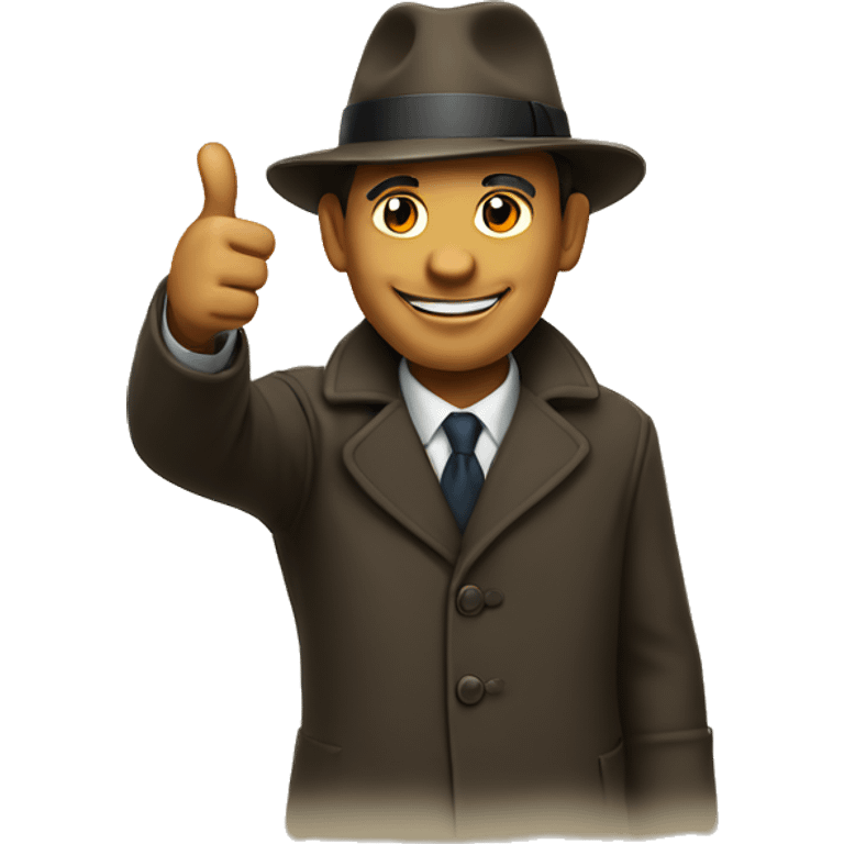 a  man in a hat and overcoat showing a thumbs up emoji