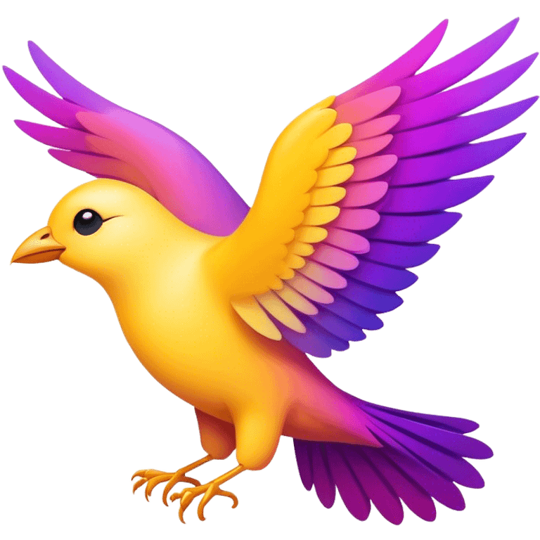 Create a minimalist, emoji-style icon of a bird in flight, symbolizing freedom, growth, and aspiration. The bird should have a sleek, modern design, with its wings slightly stylized to resemble a rising graph or digital wave, representing progress and AI. Use vibrant African-inspired colors like purple, yellow, for the bird, with a gradient effect to make it visually striking. The design should feel uplifting, dynamic, and scalable for a tech brand focused on education and upskilling emoji