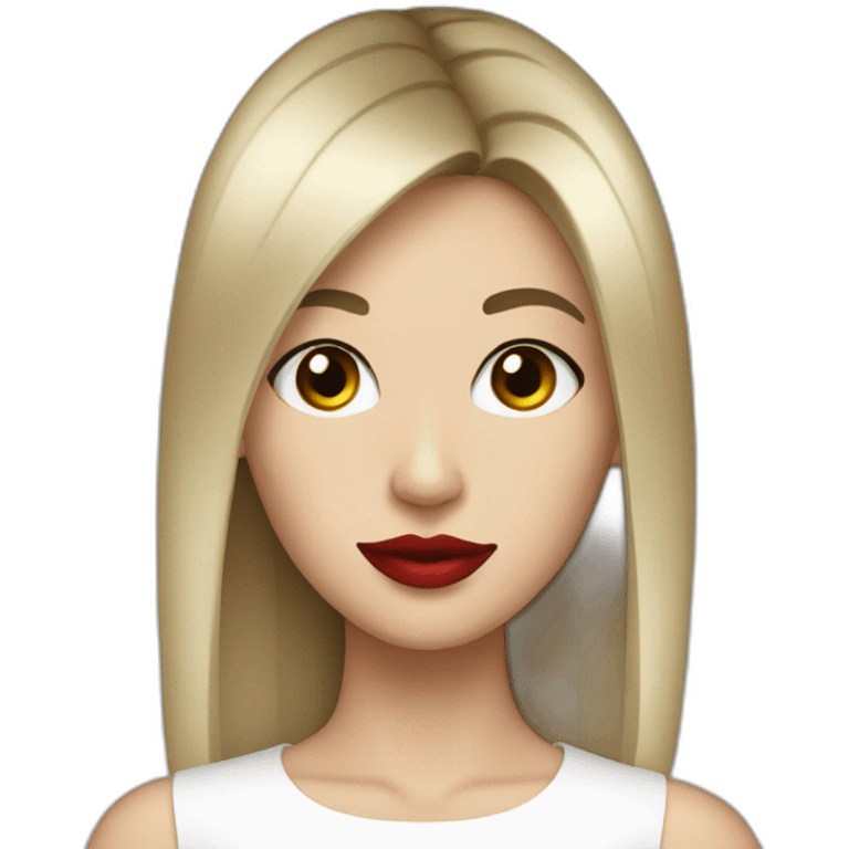 straight hair,red lipstick,black eyes, white skin and a small nose emoji