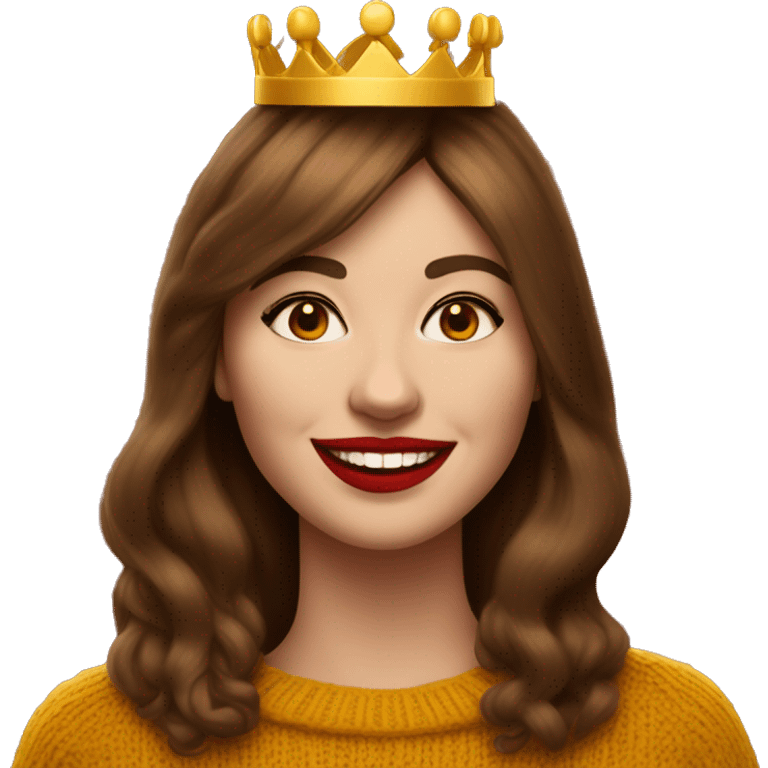 White English woman with very long brown hair and face framing layered bangs dressed in a mustard yellow sweater with birthday crown and negroni in hand. She is smiling smugly with red lipstick emoji