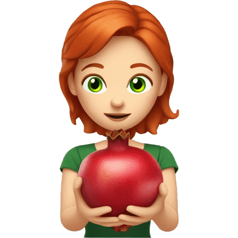 Redhead with green eyes, holding a pomegranate. 4k emoji