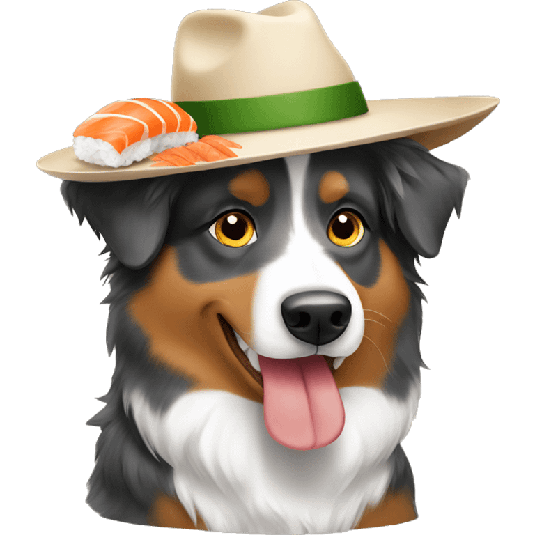 Australian shepherd eating sushi wearing a hat emoji