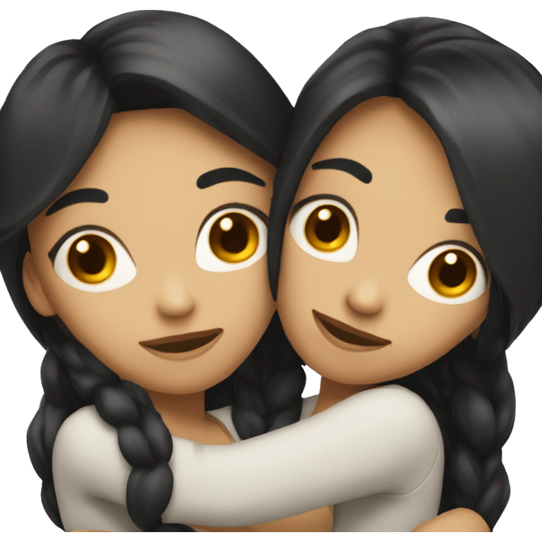 A lesbian couple with white skin and long black hair hugging intimately emoji