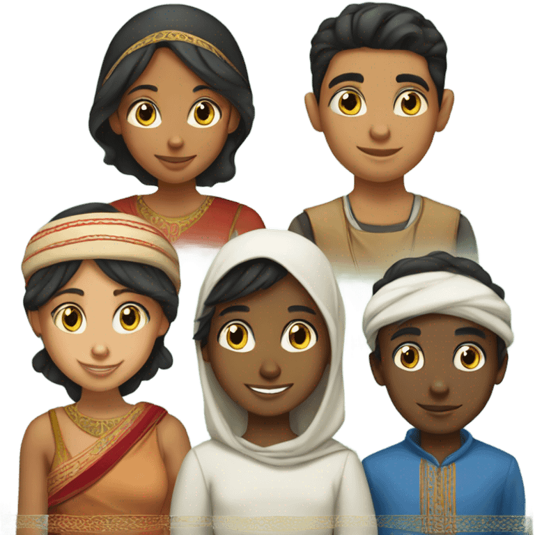 a Moroccan boy, an Indian girl, an Iranian girl, a Haitian boy, a Egyptian boy emoji