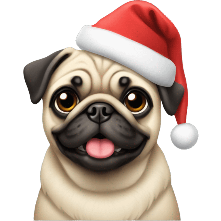 A pug with a christmas hat emoji