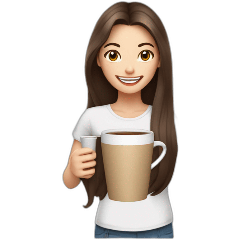 white young brunet woman with long hair with face visible huge smile and eyes wide open holding a cup of coffee the same size of her head emoji