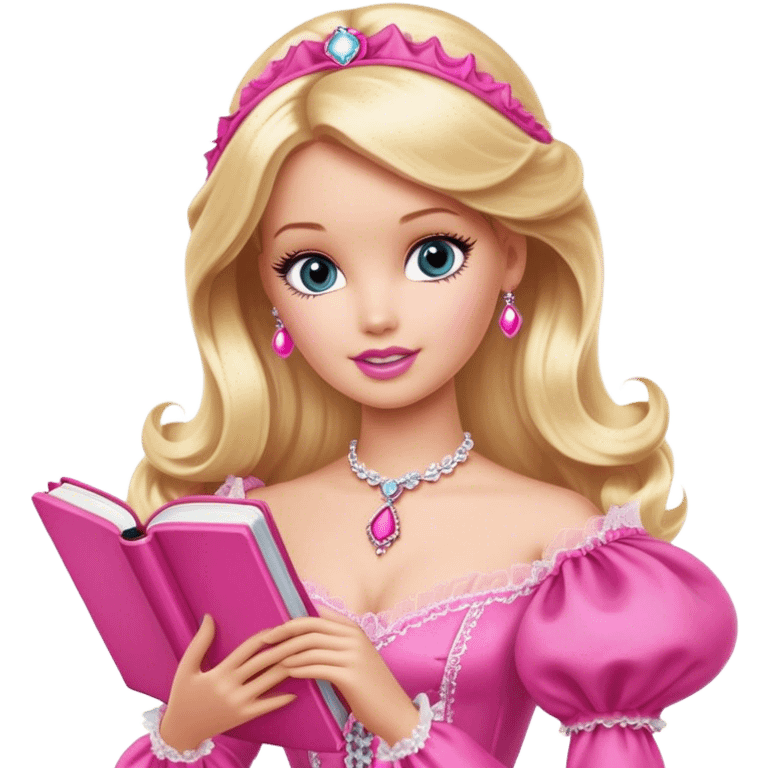 Blonde Barbie, Victorian era, hot pink Victorian gown, holding a pink book emoji