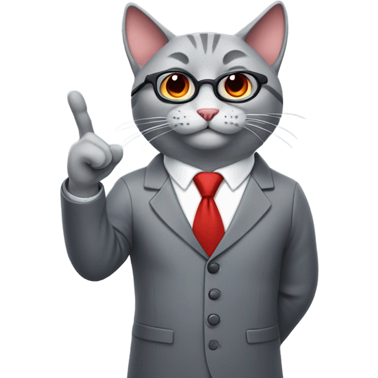 nerdy grey cat with red tie lifting index finger  emoji